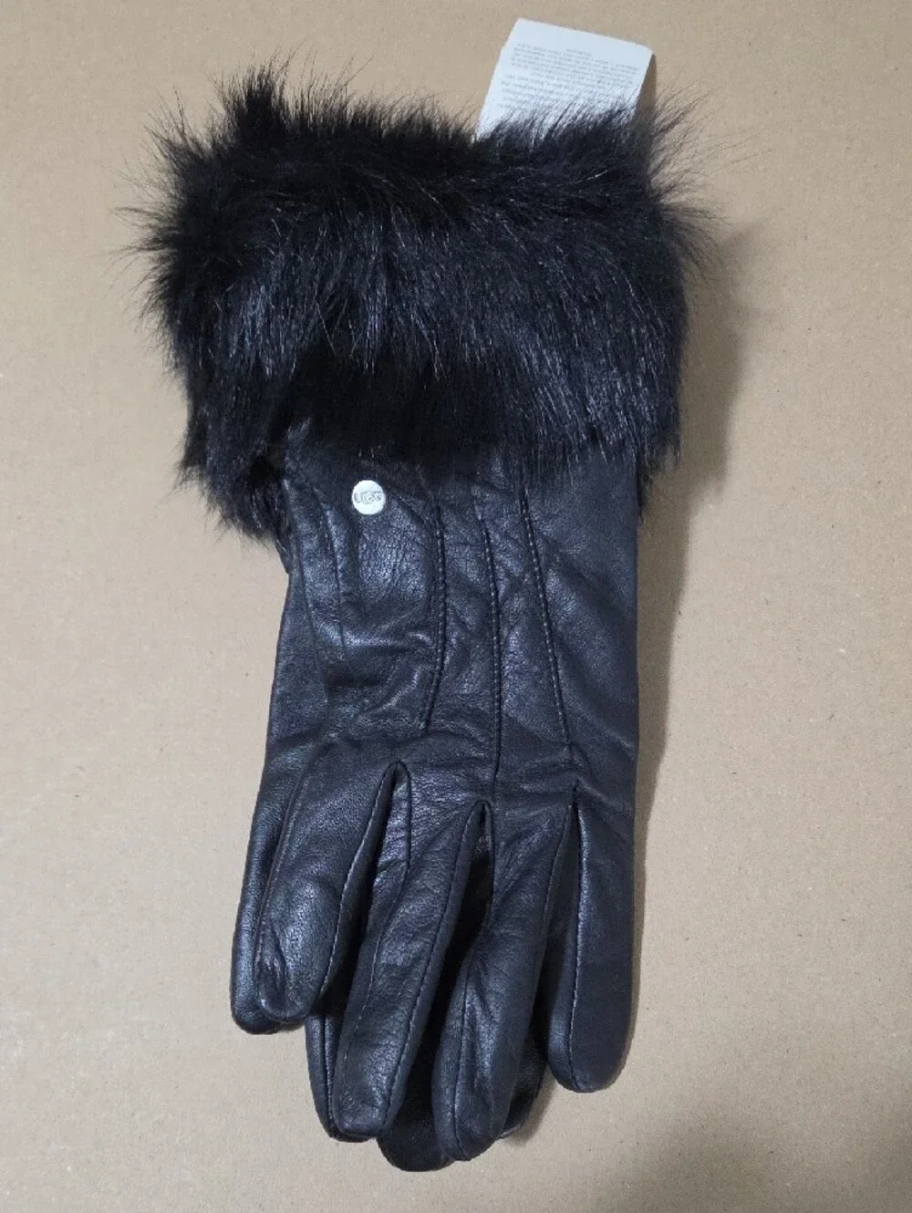 UGG Black Leather Gloves with Faux Fur Cuff